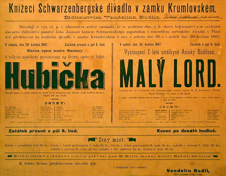 Plakát vystoupení herecké společnosti Vendelína Budila v zámeckém diavdle, 1897, foto: Lubor Mrázek