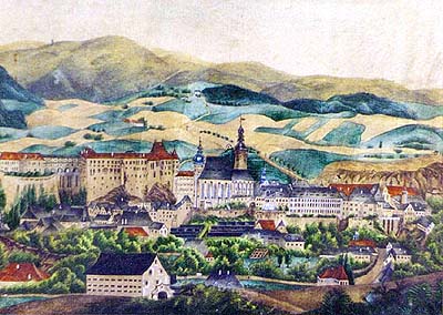 Pohled na město Český Krumlov od jihu z doby okolo roku 1800, signováno KB 
