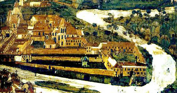 Pohled na Novoměstskou zahradu v Českém Krumlově, koláž ze slámy, okolo roku 1670