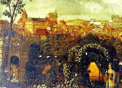 Altán a loubí v Novoměstské zahradě v Českém Krumlově před rokem 1840 