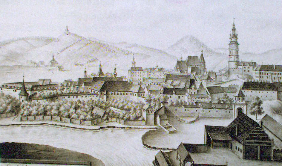 Areál kláštera klarisek okolo roku 1700, historická kresba, autor: J. Diestler