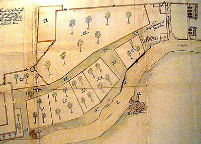 Mapa zahrad kláštera klarisek v Českém Krumlově ze začátku 18 století 