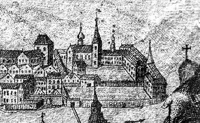 Výřez z veduty města Český Krumlov s areálem kláštera minoritů, okolo roku 1700, autor: Balzer 