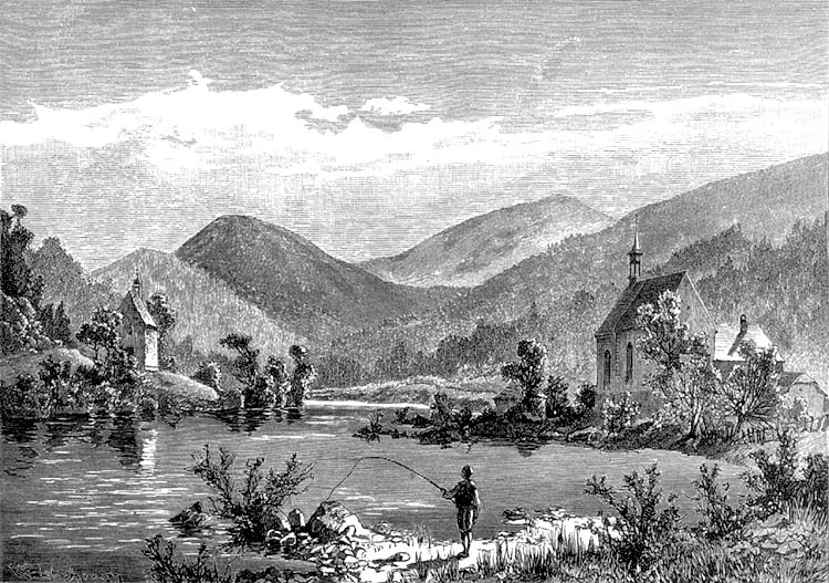 The Church of St. Prokop and the Church of St. Oldřich near Loučovice, the engraving by Karel Liebscher, 1868