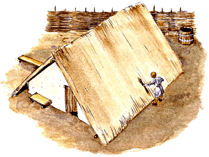 Rekonstruktionszeichnung eines slawischen Grubenhauses, Český Krumlov, Unterer Herrengarten, 8. Jahrhundert. Zeichnung: Michal Ernée. 