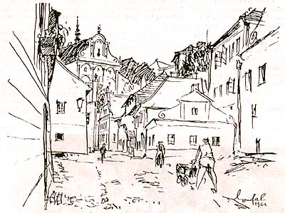 Bohuslav Coufal, pohled do ulice Parkán v Českém Krumlově, kresba 1963 