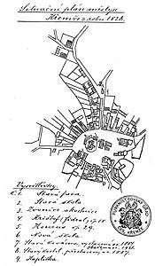 Situační plán městyse Křemže z roku 1828 