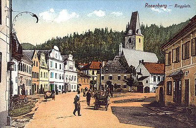 Rožmberk nad Vltavou, Stadtplatz, historische Ansichtskarte, Quell: Album starých pohlednic Českokrumlovsko, Roman Karpaš, Jiří Záloha, 2001, ISBN - 80 - 86424 - 8 