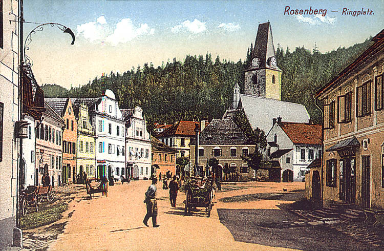 Rožmberk nad Vltavou, Stadtplatz, historische Ansichtskarte, Quell: Album starých pohlednic Českokrumlovsko, Roman Karpaš, Jiří Záloha, 2001, ISBN - 80 - 86424 - 8