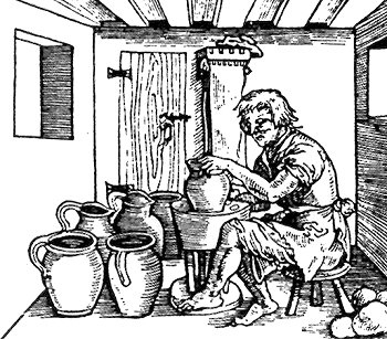 In the potter´s workshop around the year 1500. The period woodcut, source: Toulky českou minulostí II, Petr Hora, 1991, ISBN - 80 - 208 - 0111 - 1 