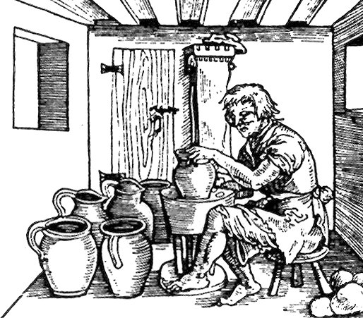 In the potter´s workshop around the year 1500. The period woodcut, source: Toulky českou minulostí II, Petr Hora, 1991, ISBN - 80 - 208 - 0111 - 1