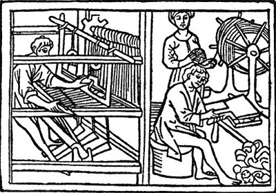 Tři fáze textilní výroby - tkaní, předení a tzv. vochlování (rozčesávání lnu na jemnější vlákna) - v dobovém znázornění, zdroj: Toulky českou minulostí II, Petr Hora, 1991, ISBN - 80 - 208 - 0111 - 1 