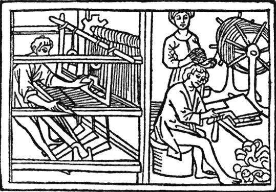 Tři fáze textilní výroby - tkaní, předení a tzv. vochlování (rozčesávání lnu na jemnější vlákna) - v dobovém znázornění, zdroj: Toulky českou minulostí II, Petr Hora, 1991, ISBN - 80 - 208 - 0111 - 1
