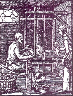 Working on the weaver´s loom in the second half of the 16th century, source: Toulky českou minulostí III, Petr Hora, 1994, ISBN - 80 - 85621 - 97 - 5  