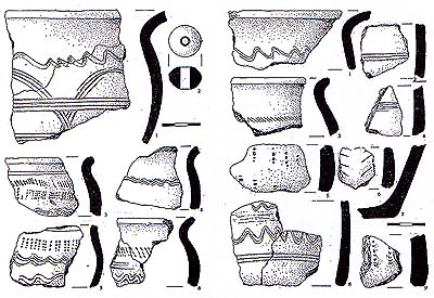 Zlomky keramických nádob z hradiště u Kuklova (8. - 9. stol.), podle M. Lutovského 