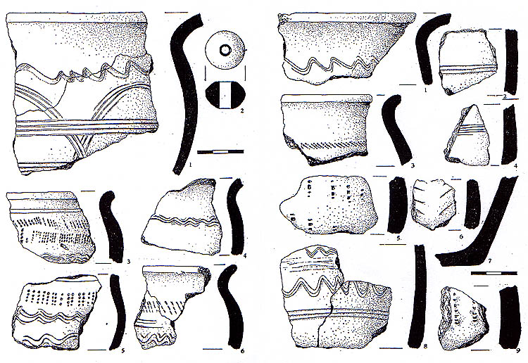 Zlomky keramických nádob z hradiště u Kuklova (8. - 9. stol.), podle M. Lutovského