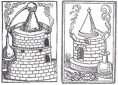 Stoves with distillation appliances during the swill distillation process (Germany, in the16th century).   