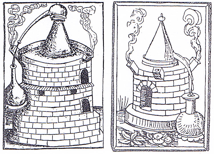 Stoves with distillation appliances during the swill distillation process (Germany, in the16th century).  