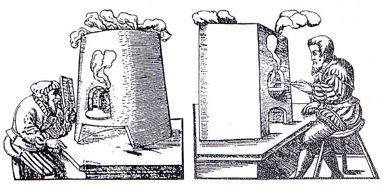 Round and four-corner-shaped acid-test stove (according to Georgius Agricola).