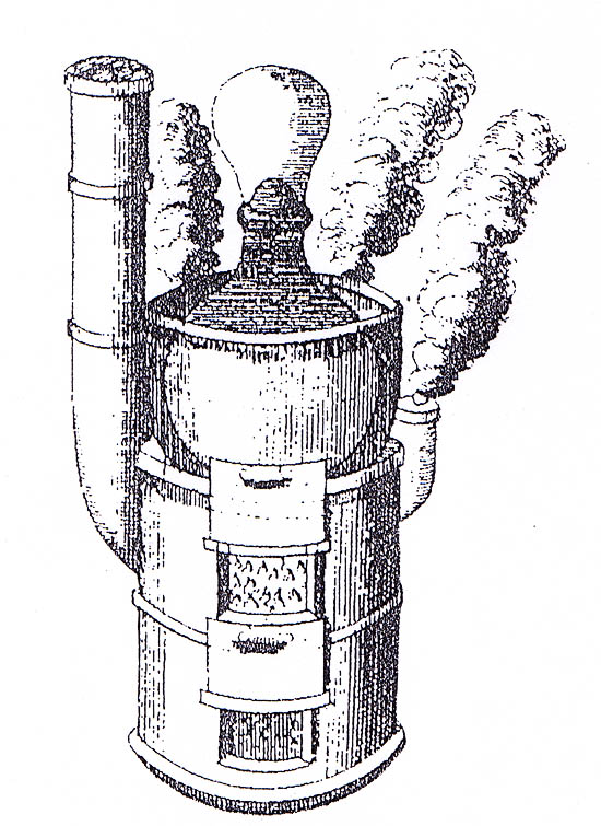 Alchemistic stove with stove pipes, the closest found analogy related to the stove from house No. 27 in Radniční Street (according to J.C. Barchusen, Elementa, Chemiae, 1718).