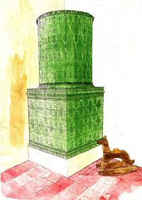 Kresebná rekonstrukce renesančních kachlových kamen podle souboru kachlů z domu čp. 15 na náměstí Svornosti. Kresba Michal Ernée. 
