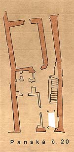 Panská Street No. 20, the ground plan of the house and its Gothic peripheral walls; archaeological probing characterisation . Drawing: M. Erneé 
