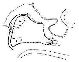 Třísov, the scheme of the settlement, A/  Northern Acropolis, B/  Southern Acropolis, C/  Double line of the fortification in the west side, D/  Fortifications in the east side 