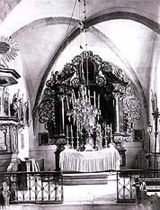 Boletice, Church of St. Mikuláš, view of interior at main altar, historical photo, foto: J.Seidel 
