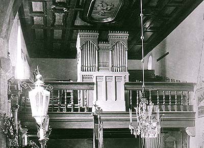 Boletice, church of St. Mikuláš, view of interior at organs, historical photo, foto: J.Seidel 