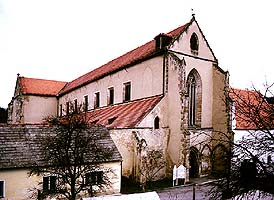 Zlatá Koruna monastery, facade of monastery church, view from outside 