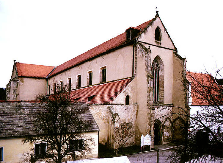 Zlatá Koruna monastery, facade of monastery church, view from outside