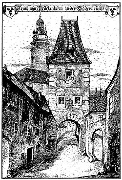 City gate at Lazebnický bridge, Rudolf Thür, drawing from 1914 - 1916 