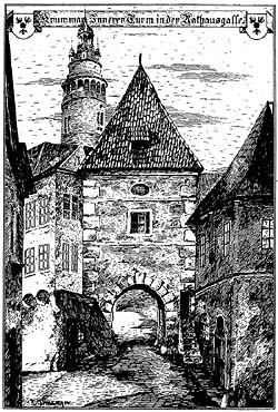 City gate on Radniční Street - inner side, Rudolf Thür, drawing from 1914 - 1916 