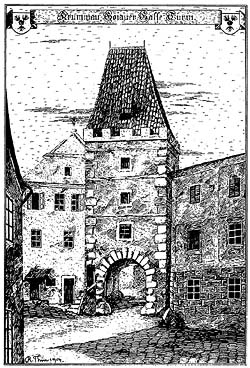 Kájovská Gate inner side, Rudolf Thür, drawing from 1914 - 1916 