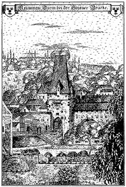 Kájovská brána vnější (das äußere Gojauer Tor), Rudolf Thür, Zeichnung aus den Jahren 1914 - 1916 