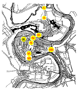 Mapa bývalých městských bran v Českém Krumlově 