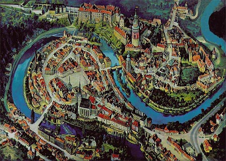 Sensitive Panoramakarte des historischen Zentrums der Region Český Krumlov. Die Karte wurde vom Verlag UNIOS für das OIS geboten. 