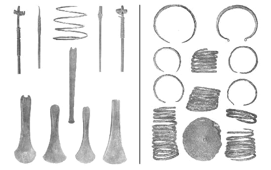 Depots of bronze tools and jewels from Kosov (on the right) and Plavnice near Kamenný Újezd (on the left). 