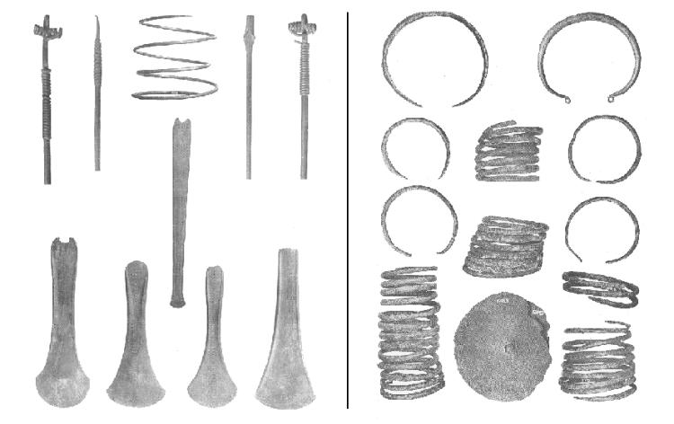 Depoty bronzových nástrojů a šperků z Kosova (vpravo) a Plavnice u Kamenného Újezda (vlevo).