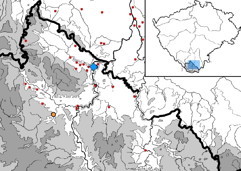 Discovered localities of Celtic settlement during the 1st century BC are marked in the Český Krumlov region map (according to P. Zavřel) : red-colour points – remains of Celtic settlements and exceptional pottery discoveries; blue-colour rhombus – Celtic settlement of Třísov; orange-colour point – location of the primeval settlement of Novosedly near Kájov. Drawing: Michal Ernée.