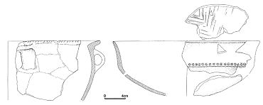 Keramická nádoba s uchem z mladší doby bronzové z objektu č. 22 (vlevo) a kolky i rytím zdobená keramická mísa z pozdní doby halštatské (vpravo). Podle P. Zavřela. 