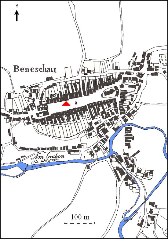 Location of house No. 125 in Benešov nad Černou in the map from the first half of the 19th century.