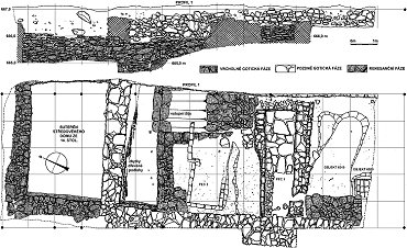 Plán odkrytého prodlouženého dvorního traktu domu číslo 125 v Benešově nad Černou. Podle fotogrametrického snímku A. Majera nakreslil P. Hrubý. 