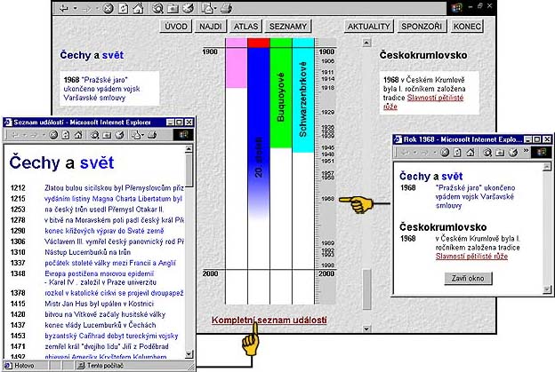 Obr. 2 - Kurzor my&scaron;i je na roce 1968, vpravo zobrazeno okno se seznamem ud&aacute;lost&iacute; roku 1968, vlevo je kompletn&iacute; seznam ud&aacute;lost&iacute; zachycen&yacute;ch na časov&eacute; ose
